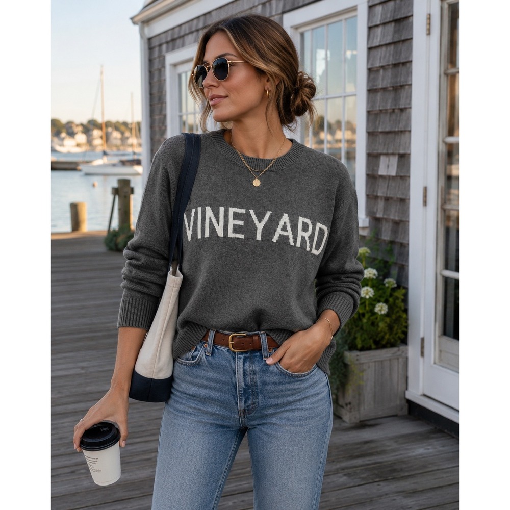 Vineyard Hamptons Coastal Gray Cotton Sweater Preppy Quiet Luxury Luxe Sz S